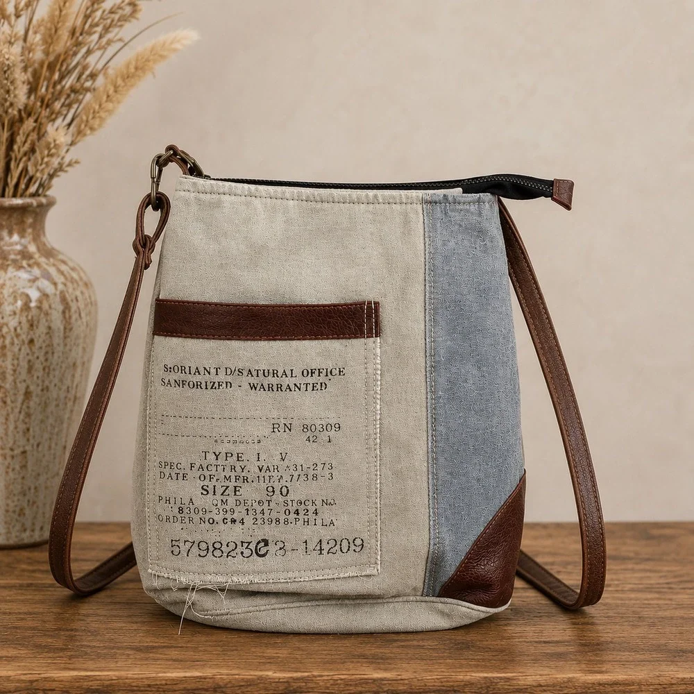 Mona B Identified Crossbody Bag Upcycled Canvas Military Tent Sustainable Boho
